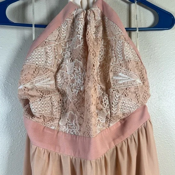 Anthropologie Champagne & Strawberry Halter Maxi Flowy Dress Size Large - Picture 3 of 10